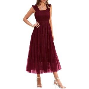 PRETTYGARDEN Wine Red Tulle Midi Dress Cocktail Sleeveless Smocked Ruffle Size L